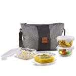 CELLO Glassy Square Lunch Box with Jacket For Office, Transparent | 2 x 320ml, 2 x 240ml Glass Containers, Microwave Safe Leadfree Toughened Glass, Airtight Leakproof Tiffin Box For Daily Use & Travel