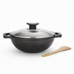 Lifelong Cast Iron Kadhai 24cm with Glass Lid & Wooden Spatula | 3.3L, 2.4kg | Pre-Seasoned, Even Heat Distribution, Toxin & Teflon Free, Non-Stick, & Durable | Gas & Induction Stovetop Compatible