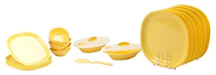 SignoraWare BPA Free Plastic Square Dinner Set | Microwave Safe | Unbreakable & Lightweight | Odor-Free | Great for Parties & Gatherings | Ideal for Regular Home Meals (Set of 23 pcs | LemonYellow)