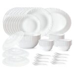 Larah by Borosil Plain White Silk Series Opalware Dinner Set | 47 Pieces for Family of 8 | Microwave & Dishwasher Safe | Bone-Ash Free | Crockery Set for Dining & Gifting | Plates & Bowls | Snow