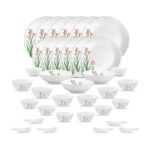 La Opala Opal Glass Crockery | for Family of 6 | Dinner Set 35 pcs Pink Florets | Plates & Bowls for Dining | Microwave Safe | 100% Vegetarian | Extra Strong | Extra Light & White