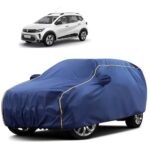 Sulfar 100% Water Resistant Car Body Cover Compatible with Mirror for Renault Triber (Triple Stitched, Full Bottom Elastic, Blue Tafetta with Yellow Piping)
