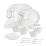 CELLO Tropical Lagoon Dazzle Series Opalware Dinner Set of 35 Pieces For Family of 6 | Bone-Ash Free & Leadfree Opal Glass, Microwave & Dishwasher Safe Plates & Bowls Crockery Set For Dining & Gifting