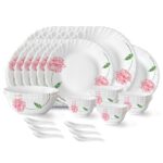 Larah by Borosil Red Mist Fluted Series Opalware Dinner Set | 33 Pieces for Family of 6 | Microwave & Dishwasher Safe | Bone-Ash Free | Crockery Set for Dining & Gifting | Plates & Bowls | White