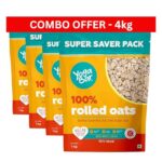 Yogabar Golden Jumbo Rolled Oats 4kg (1kg Pouch, Pack of 4) – Gluten-Free Oats with High Fibre – No Powder