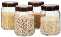 Amazon Brand – Solimo Glass Transparent Storage Jar with Brown Plastic Cap for Pickles, Spices | BPA Free | Set of 4 | 750 ml