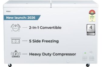 Haier HFC-500DPW5, 5 Star (2026 Star Rating) Double Door Convertible Deep Freezer, 5 Side Freezing, Dual Condenser, Inside Metal Liner with 70mm Puff Thickness (White 439L)