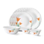 Larah by Borosil Firefly Fluted Series Opalware Dinner Set Of 4 Full Plate, 4 Quarter Plates, 4 Veg Bowls and 1 Serving Bowl | Bone-Ash Free Crockery Set for Dining Table (White, 13 Pieces)