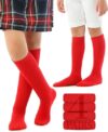 WKLOUYHE Kid’s Knee High Cotton Socks for Girls Boys and Toddlers, Solid Color Long School Uniform Socks_Pack Of 04,Red_10-11 Years