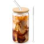 Glass Cups with Lids and Straws, 16oz Drinking Glasses, Iced Coffee Cups, Glass Tumbler with Lid, Great for Soda Boba Tea Cocktai (1 PACK)