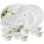 Larah by Borosil Fluted Series Green Herbs Opalware Dinner Set | 27 Piece for Family of 6 | Microwave & Dishwasher Safe | Bone-Ash Free | Crockery Set for Dining & Gifting | Plates & Bowls | White