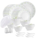 CELLO Tropical Lagoon Dazzle Series Opalware Dinner Set of 37 Pieces For Family of 6 | Bone-Ash Free & Leadfree Opal Glass, Microwave & Dishwasher Safe Plates & Bowls Crockery Set For Dining & Gifting