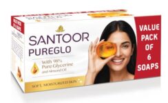Santoor PureGlo Glycerine Soap with Almond Oil and Glycerine, 125g (Pack of 6) for Nourished Glowing Skin