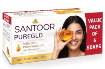 Santoor PureGlo Glycerine Soap with Almond Oil and Glycerine, 125g (Pack of 6) for Nourished Glowing Skin
