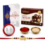 Effete Rakhi with Chocolate for Brother – Krishna Design Multicolor Rakhi with Choco Magic Chocolate 32gm, Silver Colour Coin, Greeting Card & Tilak Set – Tradtional Raksha Bandhan Gift Combo for Bhai