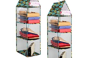 PrettyKrafts Hanging Rack 3 Blocks, Side Clear Storage Racks, Dormitory Closet for Students, Wardrobe Shelves, Hanging Organiser, Storage Holders & Racks Clear_Green Leaves, Pack of 2