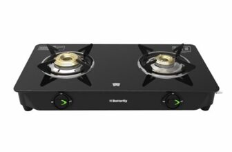 Butterfly Bleu Ray 2 Burner Glass Top Gas Stove | Removable Drip Tray | Brass Burner Gas Stove with Tri‑Flow Jumbo Burner