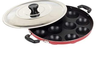 Mumma’s LIFE Non-Stick 12 Cavity Grill Appam Patra 2 Side Handle with Stainless Steel Lid | Appam Maker | Appam Patra | Appam pan | Litti Maker | Appe Stand Red (22 cm)