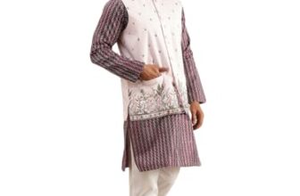 SOJANYA Men’s Silk Blend Wine Kurta & White Pyjama With Daman Embroidered Pink Nehru Jacket