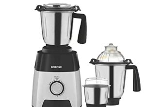 Borosil Silverline Mixer Grinder, for Wet/Dry Mixing & Grinding, 750 Watts, 3 Stainless Steel Jars (400 ml Chutney Jar, 1.5 L Blending Jar, 1.2 L Dry/Wet Grinding Jar), Mixie for Kitchen
