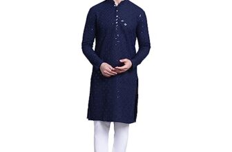 SOJANYA (Since 1958 Men’s Pure Cotton Navy Blue Emb 4Booti Sequence Kurta & White Pyjama Set