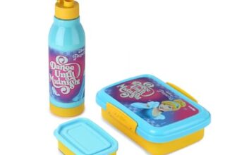 CELLO Lunch On Disney Pricess Design Kids Combo Set Yellow | Inner Compartment Lunch Box with Insulated Water Bottle Leak Proof Airtight Lightweight Cartoon Print Tiffin Box Bottle Set for School Kids