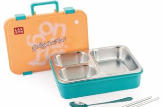 ATTRO Fun Bite Stainless Steel Lunch Box – 3 Compartment Bento Tiffin, Leak-Proof & Durable, Ideal for Kids & Adults, School, Office, Travel, Meal Prep, with Cutlery – 850-Orange Blue