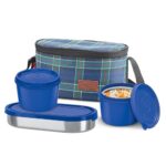 MILTON Decker Lunch Box with Insulated Fabric Jacket, 2 Inner Stainless Steel Containers 450 ml Each & 1 Oval Stainless Steel 450 ml, Microwave Safe, Leak-Proof Tiffin for Office, Easy to Carry, Blue