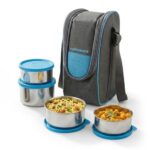 CELLO Steelox Set of 4 Pcs Lunch Box with Jacket For Office, Blue | 2 x 550ml, 375ml, 225ml Stainless Steel Containers |Food Grade Lightweight Leakproof Airtight Tiffin Box Case For Travel & Daily Use