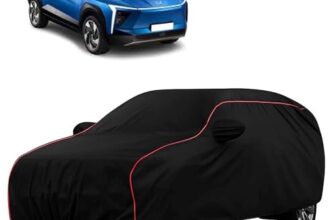 Sulfar 100% Water Resistant Car Body Cover Compatible with Mirror for Mahindra XEV 9e (Triple Stitched, Full Bottom Elastic, Black with Red Piping)