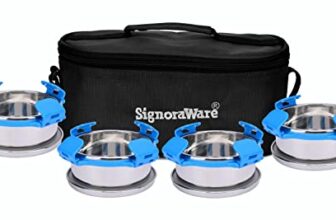 Signora Ware 350Ml+350Ml+350Ml+350Ml All Steel Double Decker Bright Lunch Box with Bag, Food Grade BPA Free, Leak Proof Air Tight Stainless Steel Containers, Compact Sleek Tiffin Box (Set 4 Blue)