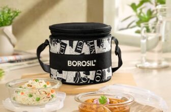 Borosil Nostalgia Borosilicate Glass Lunchbox with Bag | 2 pc Round Container Set (320 ml Each) | Microwave & Dishwasher Safe, Leakproof | Tiffin for Office, School, College | Vertical
