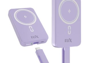 FLiX MagConnect Pro 10k 15W Magnetic Wireless Output,22.5W QC/PD/PPS Pocket Power Bank,Inbuilt Type C & Lightning Reversable Cable Input/Output,LED Display,Perfect for iPhone 12,13,14(Purple)