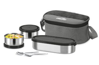 MILTON Master Lunch Max (3 Microwave Safe Inner Steel Containers,1 x 675 ml, 2 X 280 ml Each) with Insulated Fabric Jacket, Black | Lunch Box | Light Weight | Leak Proof | Easy to Carry | Food Grade