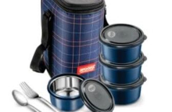 JENSONS Wonder Lunch Box with Steel Cutlery 3 Microwave Safe and Leak Proof Inner Steel Container (450ml Each) with BPA Free lids Insulated Fabric Bag Blue/Ideal for Adults, Women,Work and Outdoor