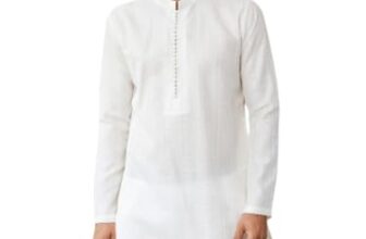 See Designs Men’s Long Sleeve Mandarin Collar Side Slit Off White Embroidered Thread Work Sequinned Chanderi Silk Straight Kurta – SDKT2512XL