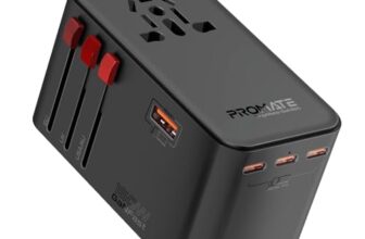 Promate TripMate160W Universal Travel Adapter with 2500W Universal AC Socket, GaNFast™ Technology, Triple PD140 Laptop Charging,All-in-One Charger 60W USB-A Port, US/UK/EU/AU Plugs.