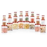 MILTON Vitro Airtight Canister for Kitchen Storage Food Grade Plastic, Stackable & Transparent Organizer Jars, Set of 24(8 x 300ml,700ml,1400ml each) Tea,Coffee,Sugar,Dry Fruits, Grains, Pulses, Brown