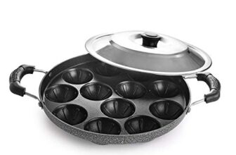 CELLO Aluminium Nonstick 12 Cavity Appam Patra Pan Maker with Steel Lid, Black | 2 Side Riveted Handle, Gas Stove Compatible Die-Cast Mini Uttappa Paniyarakkal Cup Cake Frying Pan Kadhai for Kitchen