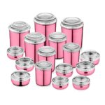 JENSONS 16 PCS Stainless Steel Canister Set (8) & Belly Storage Set (8) in Pink Lacquered Color with White PC lids -8+8=16 Pcs Set