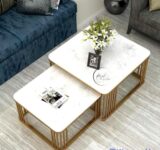Furniture Cafe Square Nesting Coffee Table Set of 2 with White Marble Look Top & Gold Metal Frame | Modern Stackable Center Tables for Living Room, Bedroom, Balcony & Apartment (White & Black & Gold)