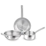Bergner TriPro 3 Pcs Tri-Ply Stainless Steel Induction Bottom Cookware Set – 22cm (2L) Kadai and 22cm (1L) Frypan, 14cm (1.1L) Teapan, Less Oil Use, Easy to Clean – Induction and Gas Stove Ready