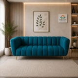 PHIRKCRAFT Velvet 3-Seater Kiki Sofa for Living Room | Modern Upholstered Couch with Channel-Tufted Backrest & Metal Accent Legs | Comfortable Seating for Bedroom, Office Lounge & Home Décor | Blue