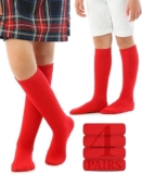 WKLOUYHE Kid’s Knee High Cotton Socks for Girls Boys and Toddlers, Solid Color Long School Uniform Socks_Pack Of 04,Red_10-11 Years
