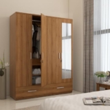 Spacewood Linden Wardrobe | 3 Year Warranty | Almirah, Cupboard, Almari, 4 Door Wardrobe with Mirror, 3 Drawer (1 Lock Drawer) and 2 Hanging Space & 1 Internal Locker |Engineered Wood| Natural Teak