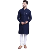 SOJANYA (Since 1958 Men’s Pure Cotton Navy Blue Emb 4Booti Sequence Kurta & White Pyjama Set