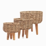 Jute Planter Basket Set of 3 with Wooden Legs, Handwoven Decorative Plant Stand for Indoor Plants, Flower Pot Holder Living Room, Balcony, Garden, Rustic Home Décor, 10 x 10, 8 x 8 & 7 x 7 Inch