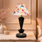tu casa Modern Brilliance Black Metal Table Lamp for Home Decoration, Bedroom, Living Room, Lounge, Office, Festival Gifting, Study Table (Flower Print with Satin Shade) H – 17″ / No Blub