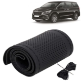 KINGSWAY® PU Leatherite Car Steering Cover Sewable Compatible with Kia Carnival (Year 2020 Onwards), Black Color with Black Thread, Pack of 1 with Sewing Needle and Thread