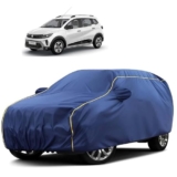 Sulfar 100% Water Resistant Car Body Cover Compatible with Mirror for Renault Triber (Triple Stitched, Full Bottom Elastic, Blue Tafetta with Yellow Piping)